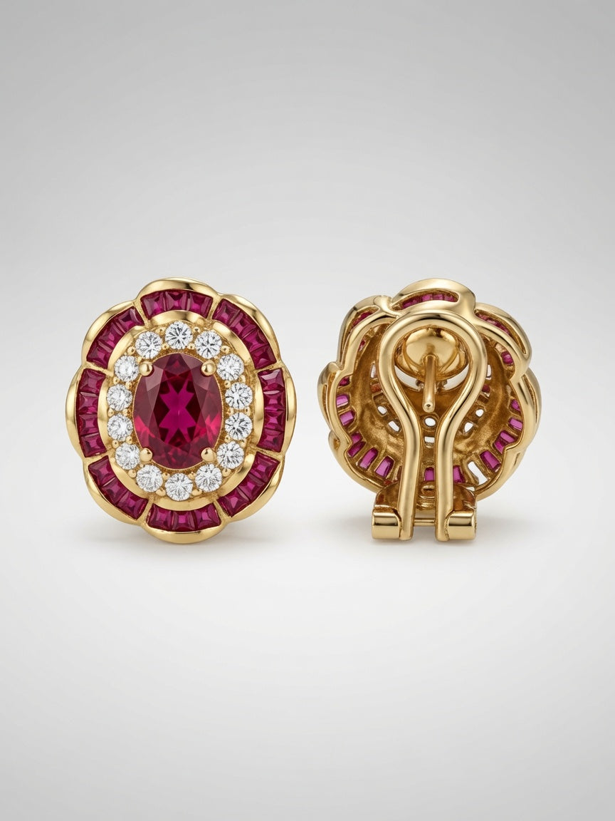 Ruby & Diamond Floral Cluster Stud Earrings in Yellow Gold