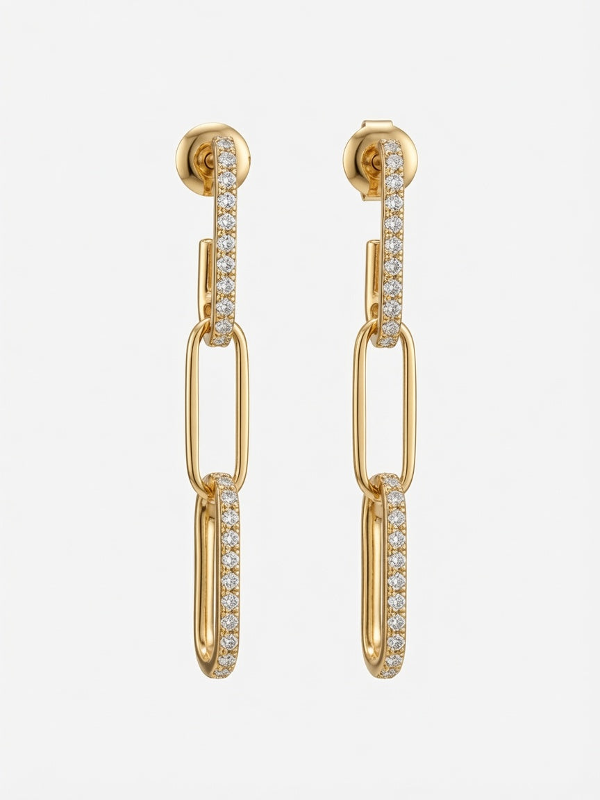 14K Yellow Gold Diamond Paperclip Link Drop Earrings