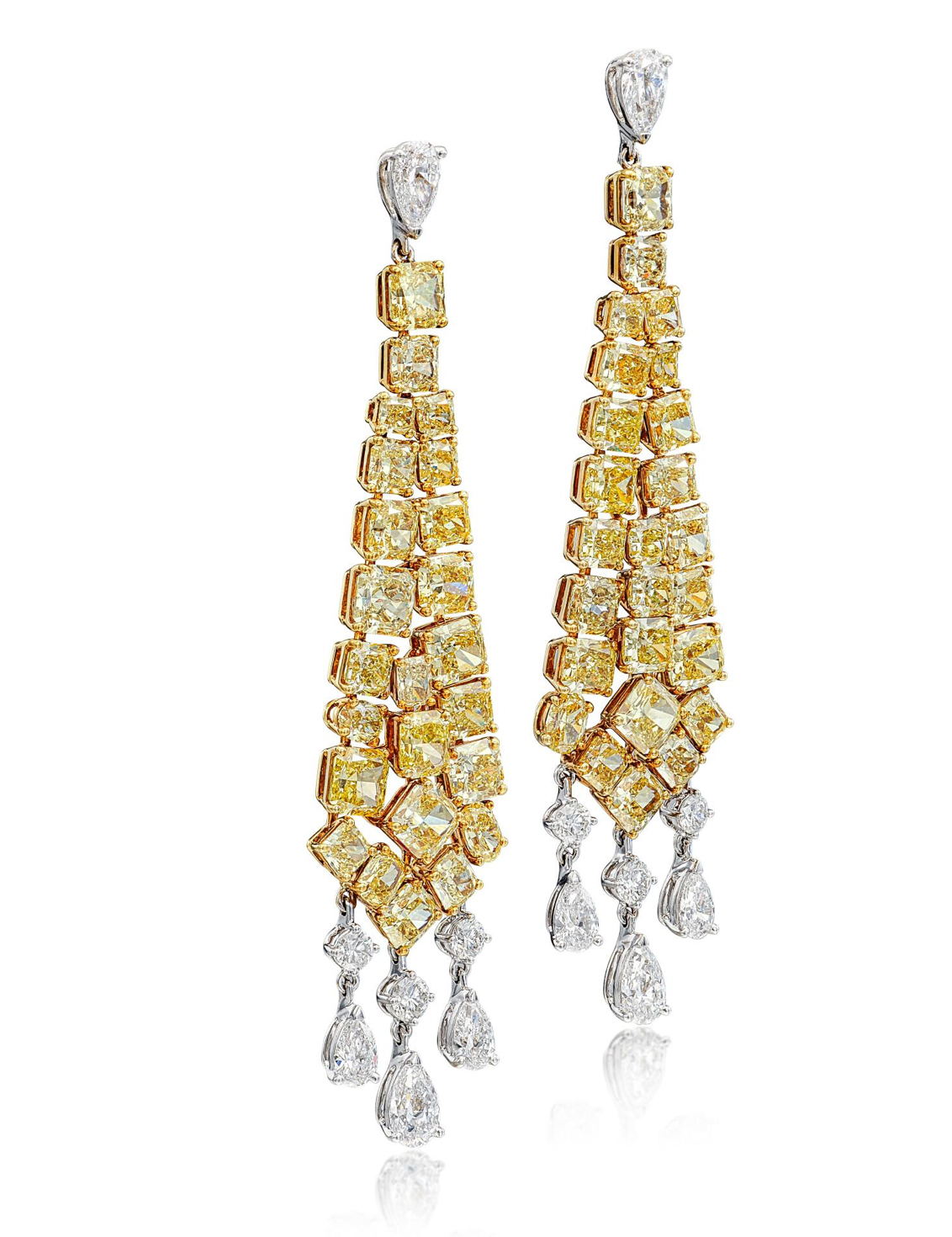 PAIR OF COLOURED DIAMOND AND DIAMOND PENDANT EARRINGS