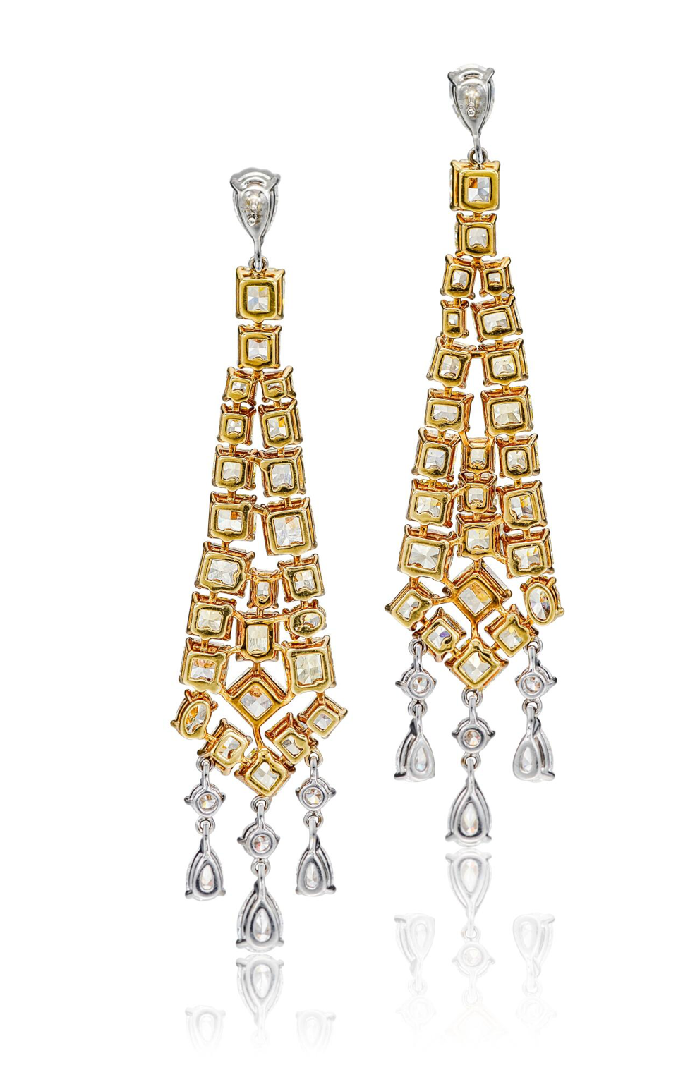 PAIR OF COLOURED DIAMOND AND DIAMOND PENDANT EARRINGS