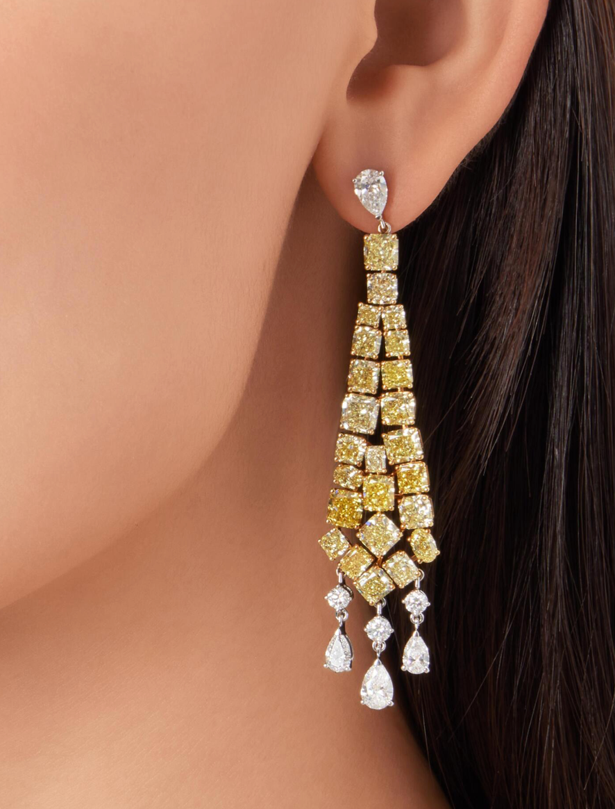 PAIR OF COLOURED DIAMOND AND DIAMOND PENDANT EARRINGS