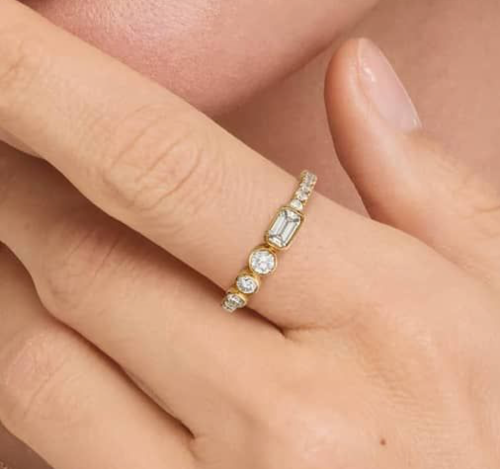 Round And Emerald Cut  Diamond Bezel Ring