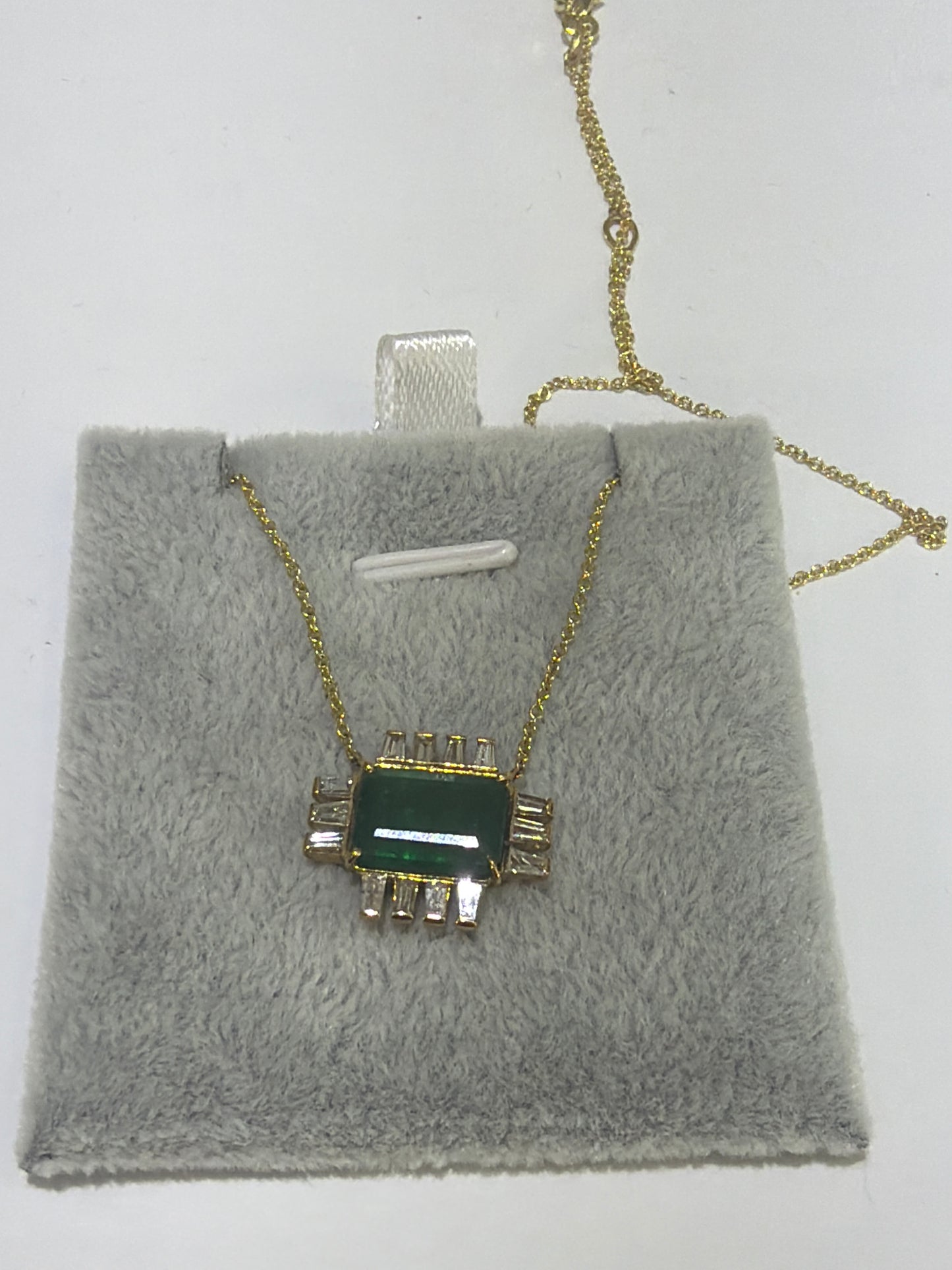 18K Yellow Gold Emerald Cut Emerald & Diamond Pendant Necklace