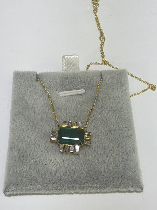 18K Yellow Gold Emerald Cut Emerald & Diamond Pendant Necklace