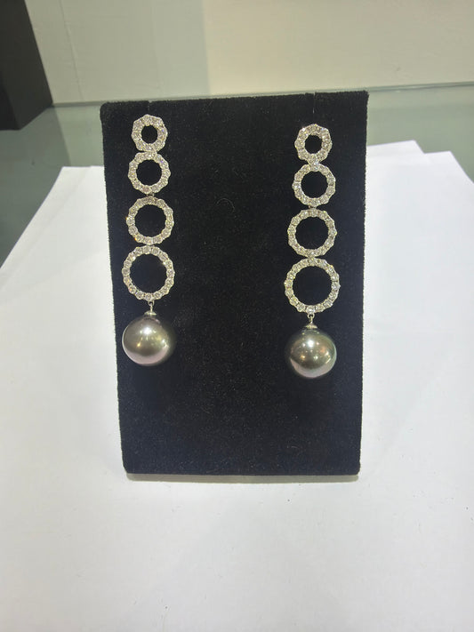 18K White Gold Diamond & Tahitian Pearl Drop Earrings