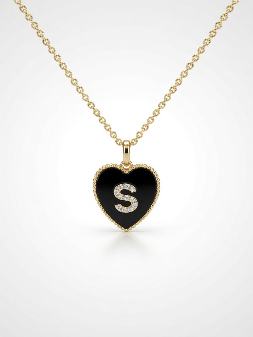 18K Yellow Gold Black Enamel Diamond Initial Heart Necklace