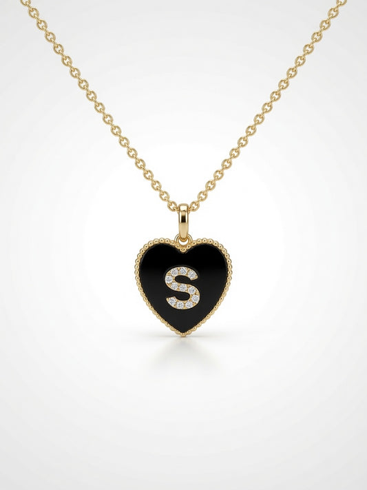 18K Yellow Gold Black Enamel Diamond Initial Heart Necklace