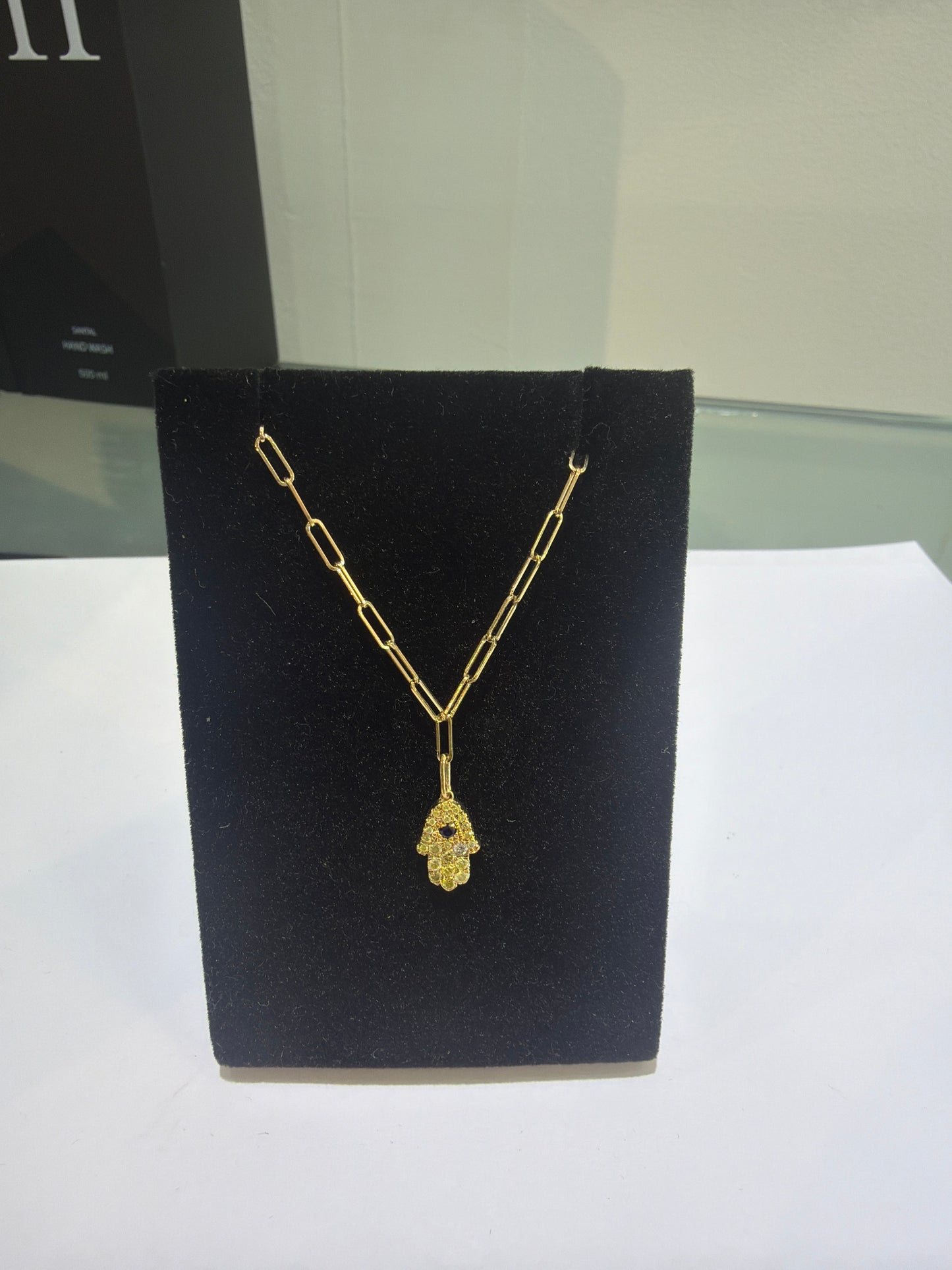 18K Yellow Gold Diamond Hamsa Pendant Paperclip Necklace