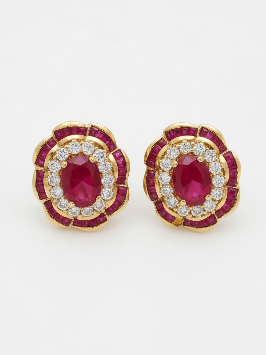 Ruby & Diamond Floral Cluster Stud Earrings in Yellow Gold