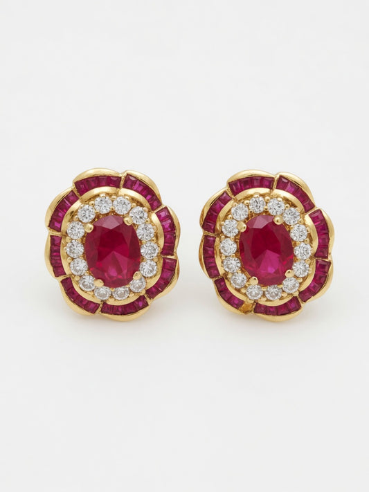 Ruby & Diamond Floral Cluster Stud Earrings in Yellow Gold