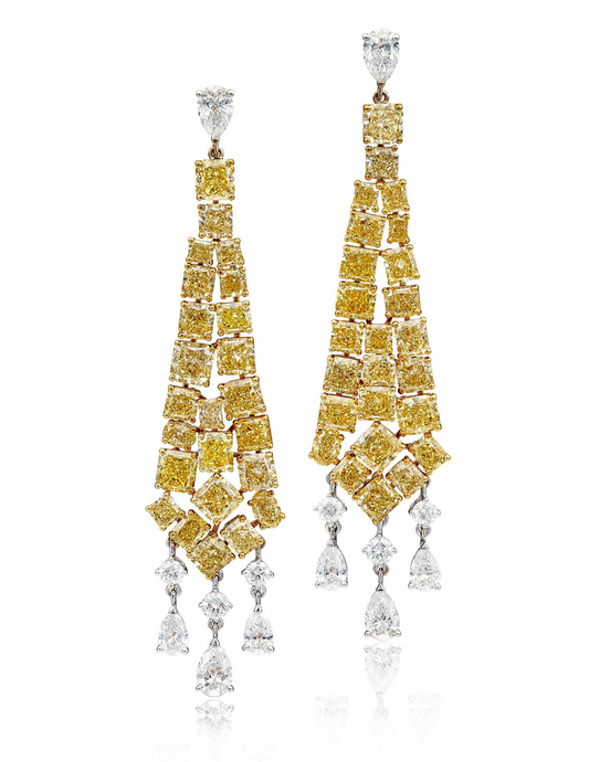 PAIR OF COLOURED DIAMOND AND DIAMOND PENDANT EARRINGS